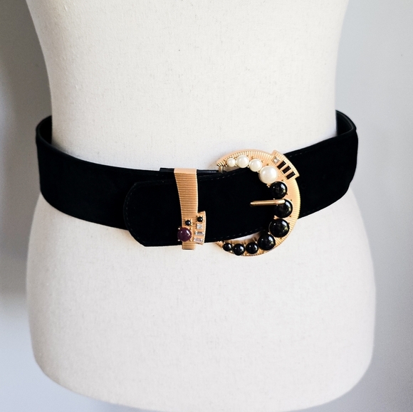ZARA, Black Velvet Bejewelled Buckle Wide Statement Belt, Size 31 Waist - Picture 10 of 10
